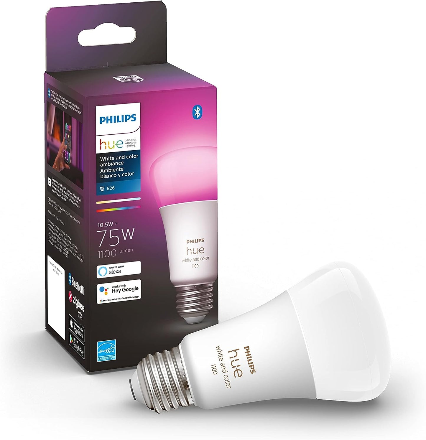 Philips Hue White and Color A19 Medium Lumen Smart Bulb, 1100 Lumens, Bluetooth & Zigbee Compatible (Hue Hub Optional), Compatible with Alexa & Google Assistant