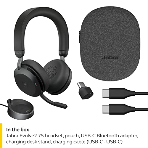 Jabra Evolve2 75 PC Wireless Headset with Charging Stand and 8-Mic Technology - Dual Foam Stereo Headphones with Advanced Active Noise Cancelling, USB-C Bluetooth Adapter and UC Compatibility - Black