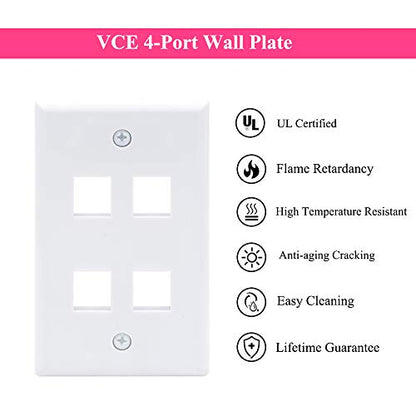 VCE 4 Port Keystone Wall Plate UL Listed (10-Pack), Single Gang Wall Plates for RJ45 Keystone Jack and Modular Inserts, White