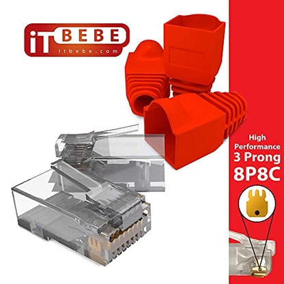 ITBEBE 100 Pieces RJ45 Cat5, Cat5e Pass Through connectors and 100 Pieces White Strain Relief Boots for 24 AWG Cables