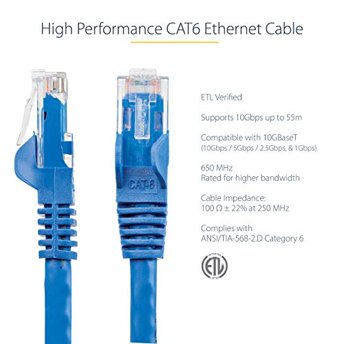 StarTech.com 100ft CAT6 Ethernet Cable - Blue CAT 6 Gigabit Ethernet Wire -650MHz 100W PoE RJ45 UTP Category 6 Network/Patch Cord Snagless w/Strain Relief Fluke Tested UL/TIA Certified (N6PATCH15BL)