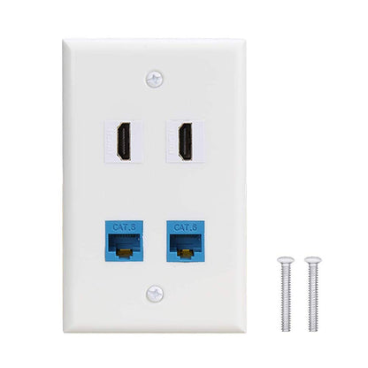 4 Port Wall Plate with 2 Port Cat6 Ethernet Female to Female Jack + 2 Port HDMI Keystone Female to Female Wall Plate WHT 1pc