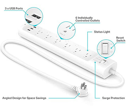 Kasa Smart Plug Power Strip HS300, Surge Protector with 6 Individually Controlled Smart Outlets and 3 USB Ports, Works with Alexa & Google Home, No Hub Required