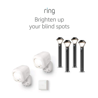 Ring Smart Lighting – Spotlight, Battery-Powered, Outdoor Motion-Sensor Security Light, White (Starter Kit: 2-pack) – Bundle with 4 Pathlights
