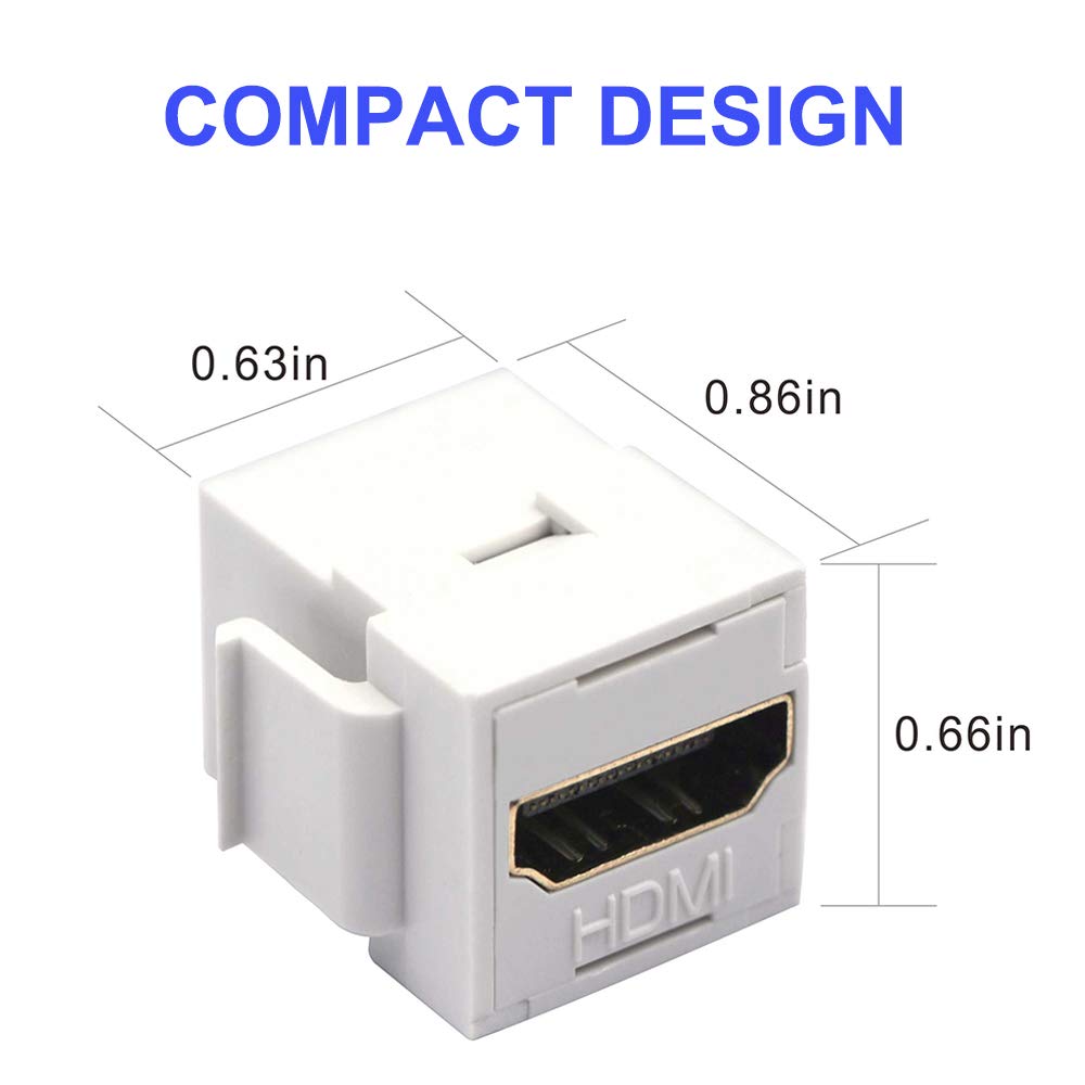 HDMI Female Keystone Coupler, HDMI Keystone Jack Insert 4K Gold Plated HDMI Adapter Female to Female Connector for Wall Plate-White 6-Pack