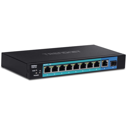 TRENDnet 10-Port Unmanaged Gigabit PoE+ Switch, 8 x Gigabit PoE+, 1 x Gigabit, 1 x Gigabit SFP Slot, 58W PoE Power Budget, 20Gbps Switching Capacity, Metal Network Switch, Fanless, Black, TE-GP102