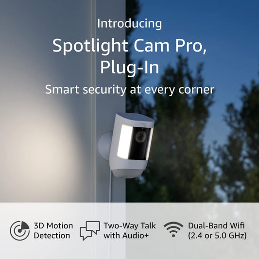 Introducing Ring Spotlight Cam Pro, Plug-in | 3D Motion Detection, Two-Way Talk with Audio+, and Dual-Band Wifi (2022 release) - White