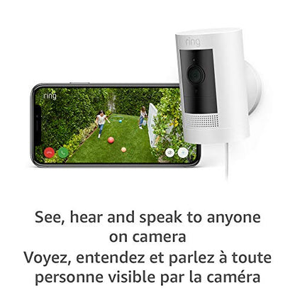 Ring Stick Up Cam Solar HD security camera with two-way talk, Works with Alexa – White