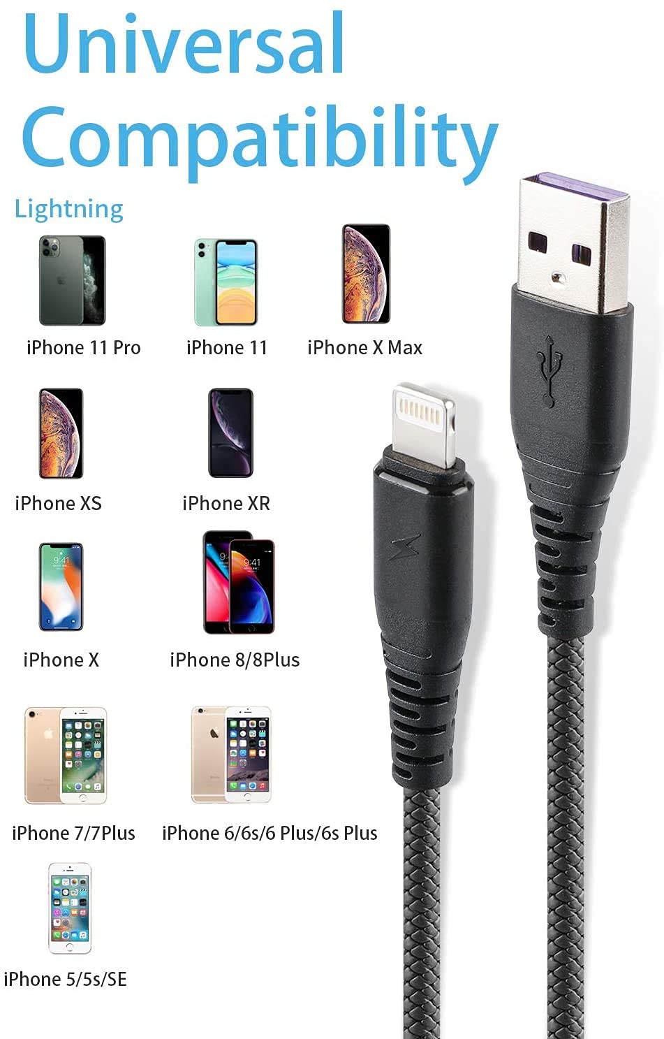 iPhone Charger 10 ft, [3 Pack] Long Lightning Cable 10 Foot, 2.4A USB Cables Compatible with iPhone 11/Xs/XS Max/XR/X / 8/8 Plus / 7/7 Plus/ 6(Black)