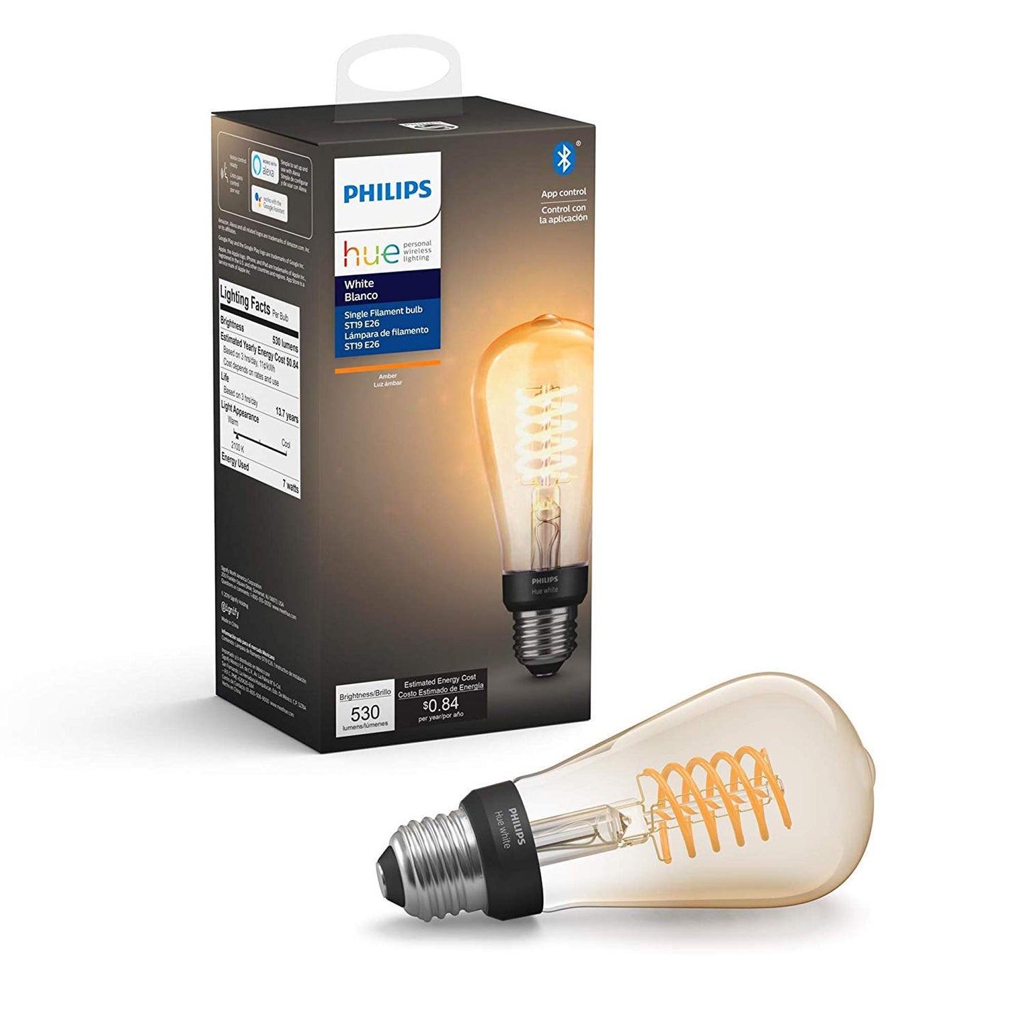 Philips Hue White Dimmable Filament A19 Smart Edison Vintage LED bulb, Bluetooth & Hub compatible (Hue Hub Optional), voice activated with Alexa