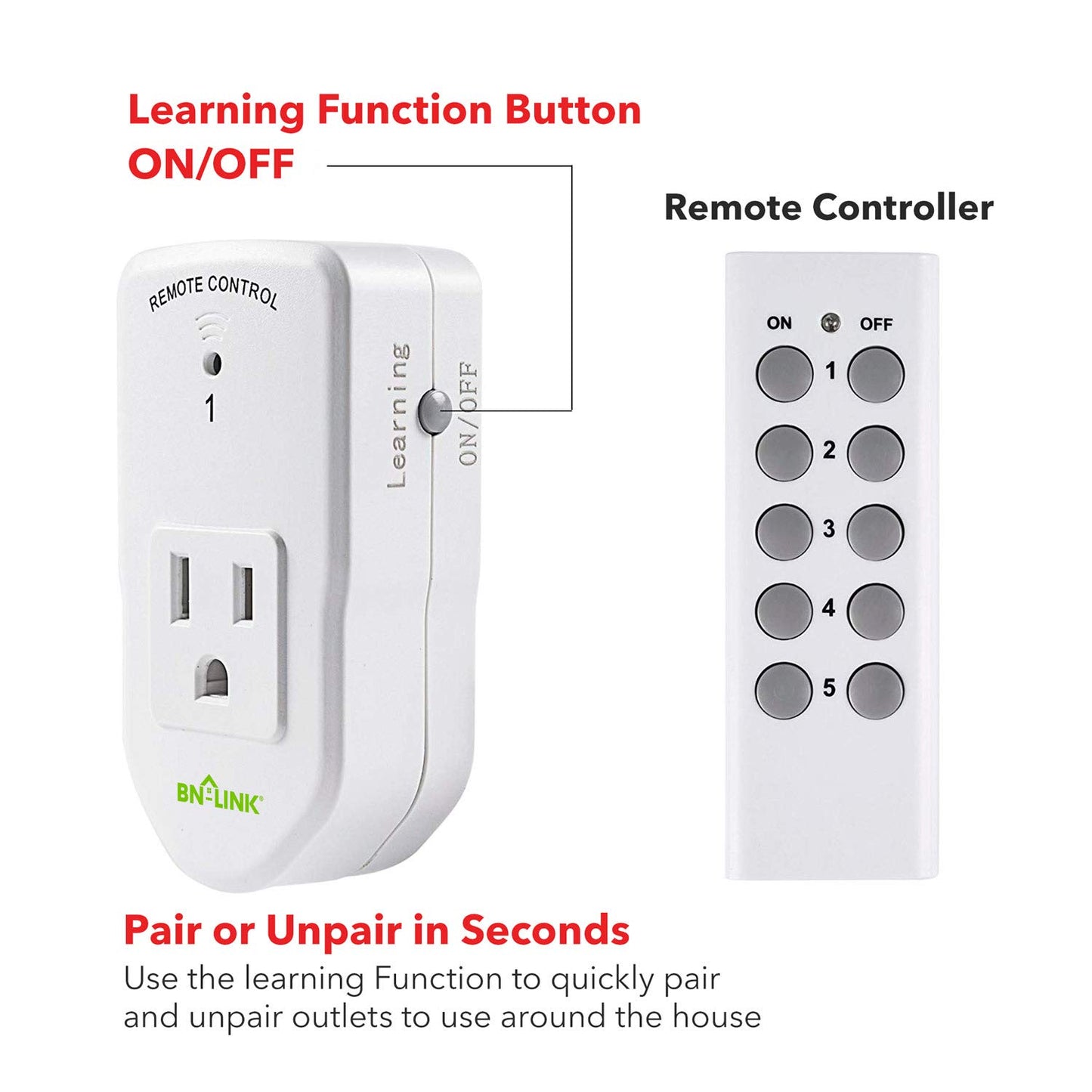 BN-LINK ES1513-5-2 Wireless Remote Control Outlet with Extra Long Range (5 Pack)