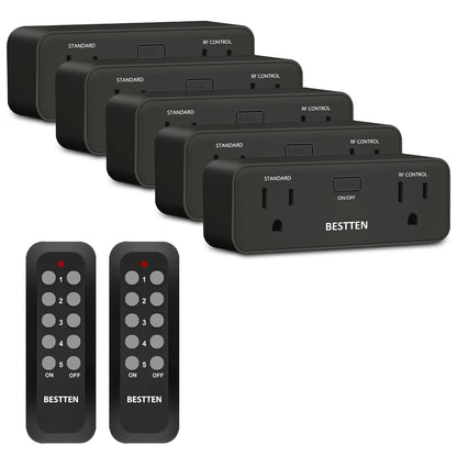 BESTTEN Remote Control Outlet Plug, Wireless Power Switch Combo Kit (10 Sockets + 2 Remotes), Always-ON & RF Control Sockets (Black)