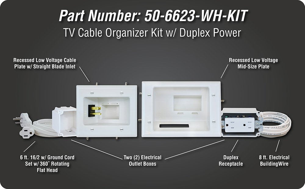 DataComm Electronics 50-3321-WH-KIT Flat Panel TV Cable Organizer Remodeling Kit with Power Outlet - White