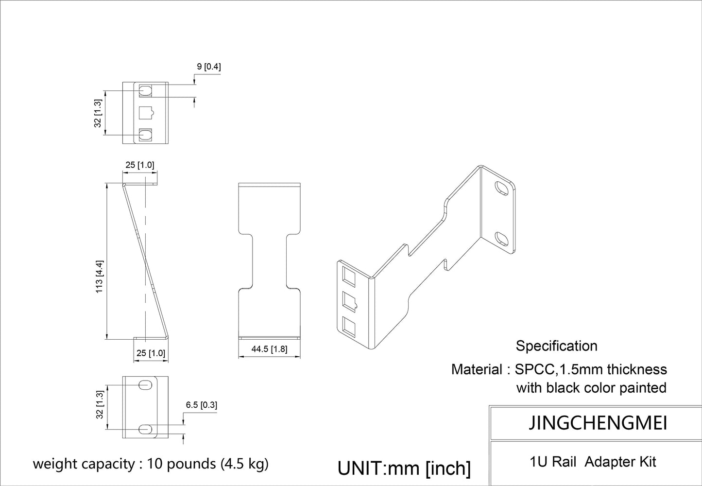 Jingchengmei 1U Server Rack Depth Extender - 4-Inch Deep -Recessed Rack Mount Adapter Kit for Network Rack (1UEXB)