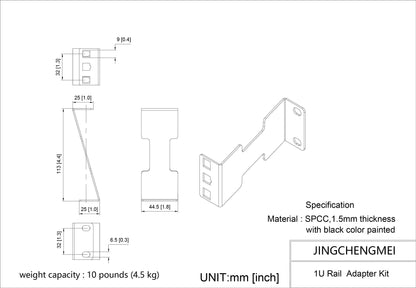Jingchengmei 1U Server Rack Depth Extender - 4-Inch Deep -Recessed Rack Mount Adapter Kit for Network Rack (1UEXB)