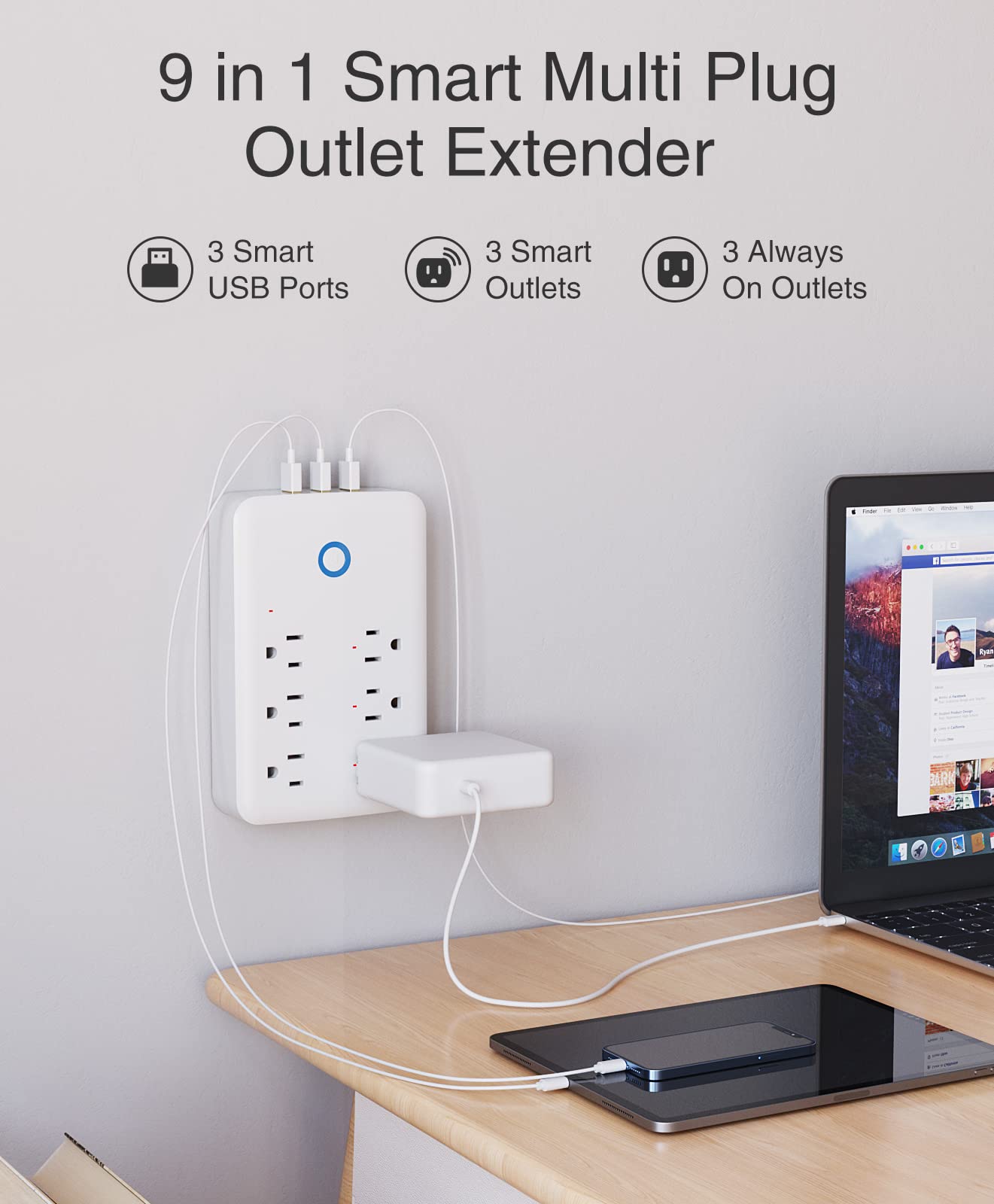 Smart Plug Outlet Extender, WiFi Surge Protector Work with Alexa Google Home, 3USB Ports and 6 Outlets, Wall Adapter Power Strip Plug Receptacles, 2.4G Wi-Fi Only, 15A/1800W