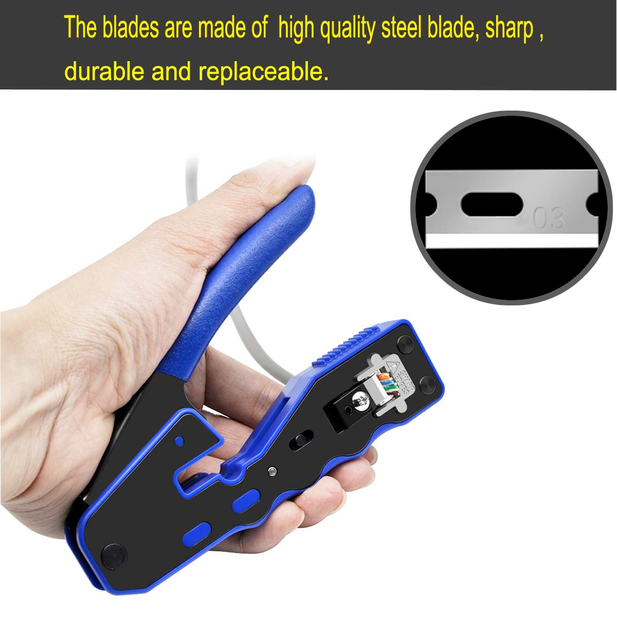 RJ45 Crimp Tool Kit All-in-one Ethernet Crimping Tool Wire Crimper Stripper Cutter for Cat5e Cat6 Cat6a Pass Thrugh Connectors with 10 pieces Cat6 Connectors and 1 piece mini wire stripper