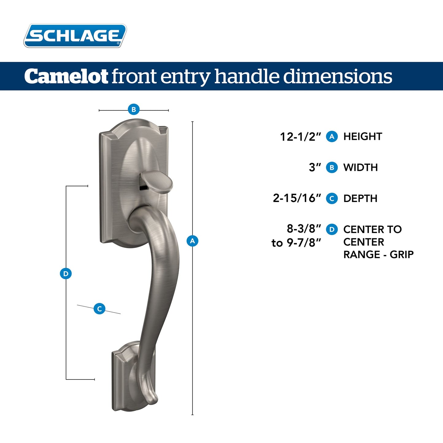 Schlage FE285 CAM 505 ACC 605 LH Camelot Front Entry Handleset with Left-Handed Accent Lever Lower Half Grip, Standard Interior Trim, Bright Brass