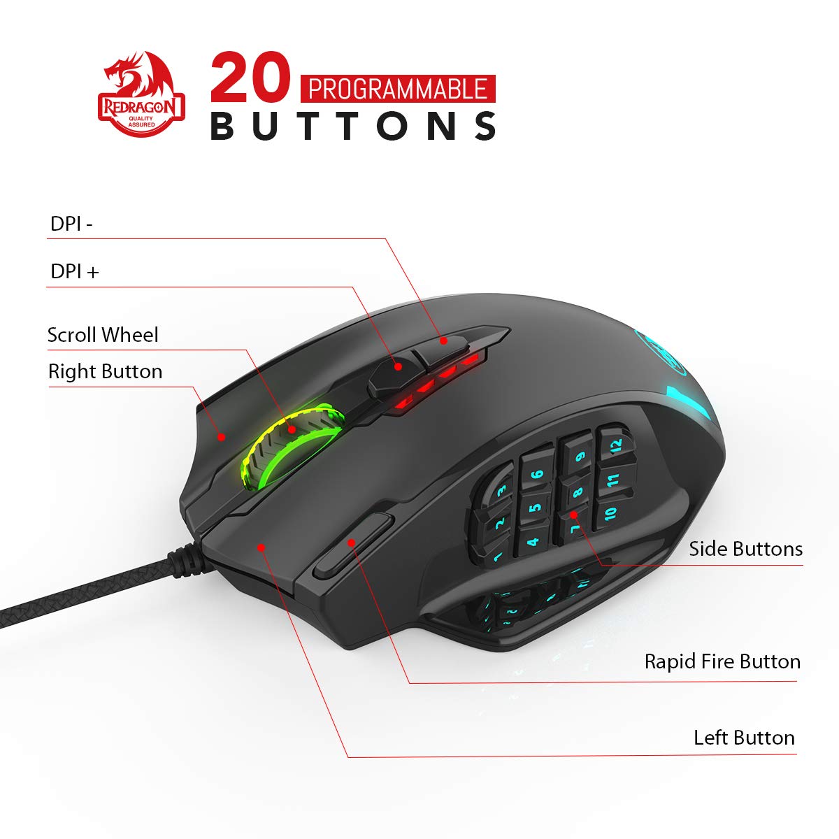 Redragon M908 Impact RGB LED MMO Mouse with Side Buttons Optical Wired Gaming Mouse with 12,400DPI, High Precision, 20 Programmable Mouse Buttons