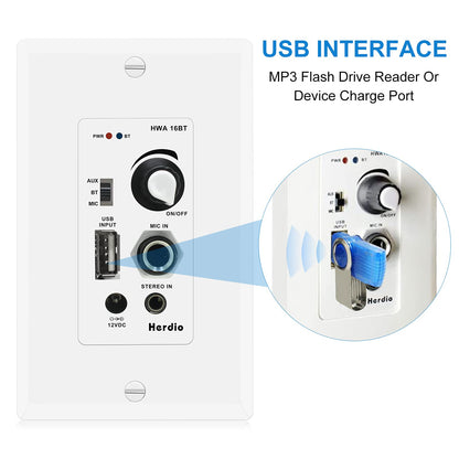 Herdio in Wall Bluetooth Audio Control Amplifier Receiver Wall Plate with USB Microphone Aux (3.5mm) Input 100Watt Max Module for Sound Systems Home Theater Integration