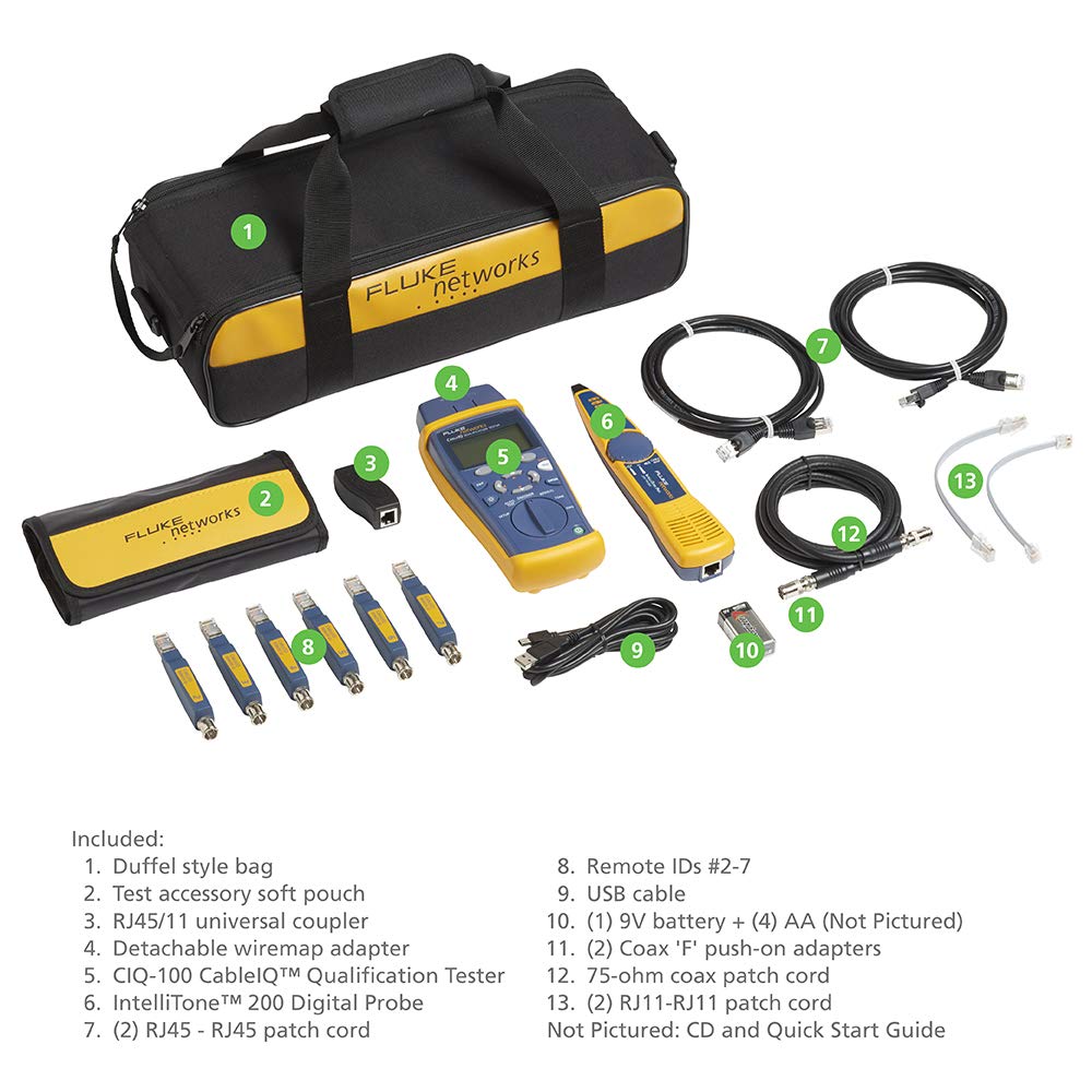 Fluke Networks CIQ-KIT Copper Qualification Tester Kit Qualifies and Troubleshoots Category 5-6A Cabling for 10/100/Gig Ethernet, Coax, and VoIP, Includes IntelliTone Pro 200 & Remote ID Kit