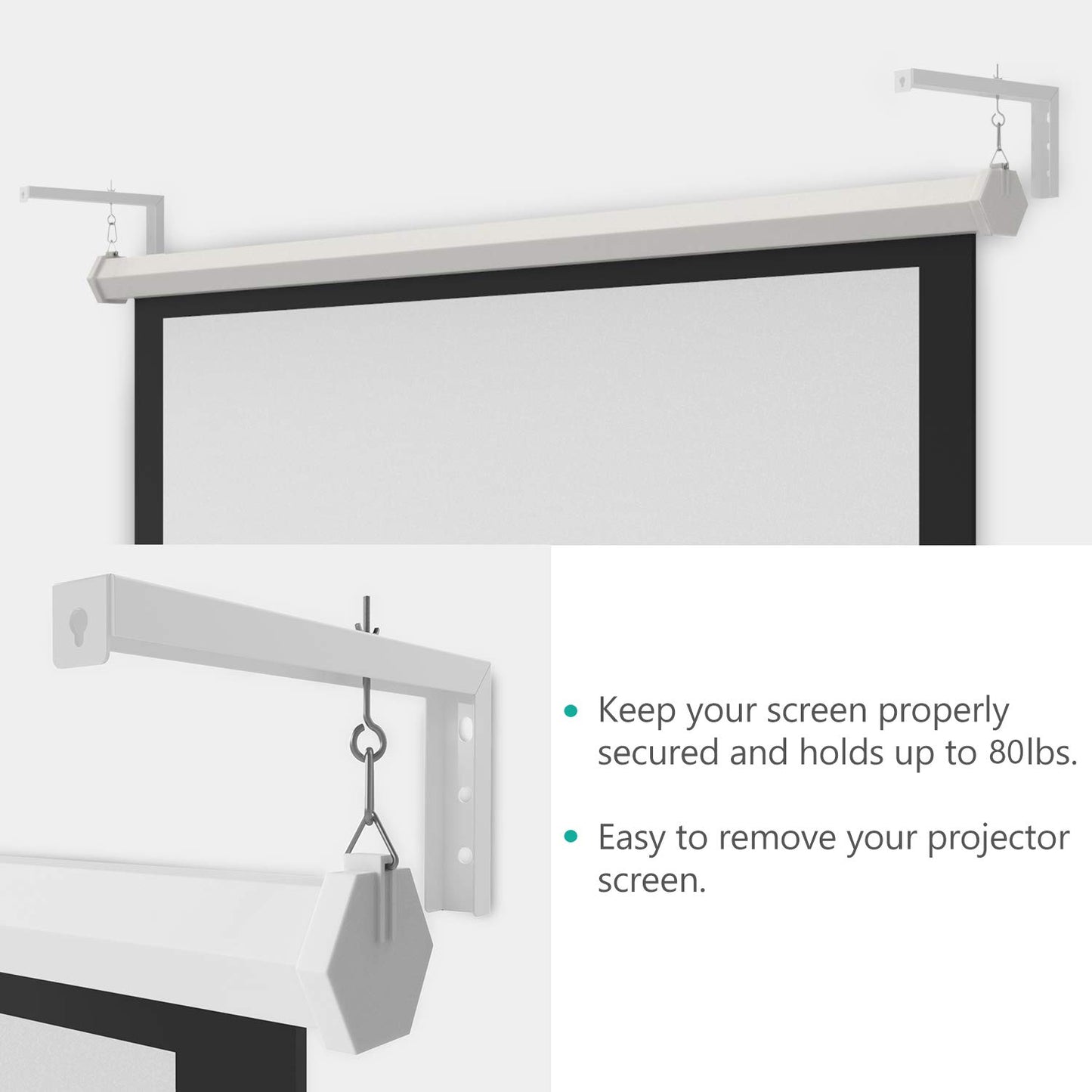 WALI Universal Projector Screen Ceiling Mount, Wall Hanging Mount L-Brackets, 12 inch Adjustable Extension with Hook Kit, Perfect Projector Screen Placement Hold up to 80 lbs (PSM001XL-B), Black