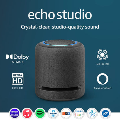 Echo Studio – High-fidelity smart speaker with TP-Link Color Bulb– Alexa smart home starter kit