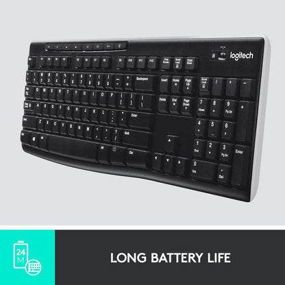 Logitech K270 Wireless Keyboard for Windows, 2.4 GHz, Full-Size, Number Pad, 8 Multimedia Keys, 2-Year Battery Life, Compatible with PC, Laptop