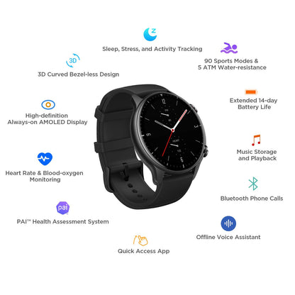 Amazfit GTS 2e Smartwatch Fitness Tracker Health Monitor with Bluetooth Call, Notifications, GPS, Alexa, Water Resistant (Obsidian Black)