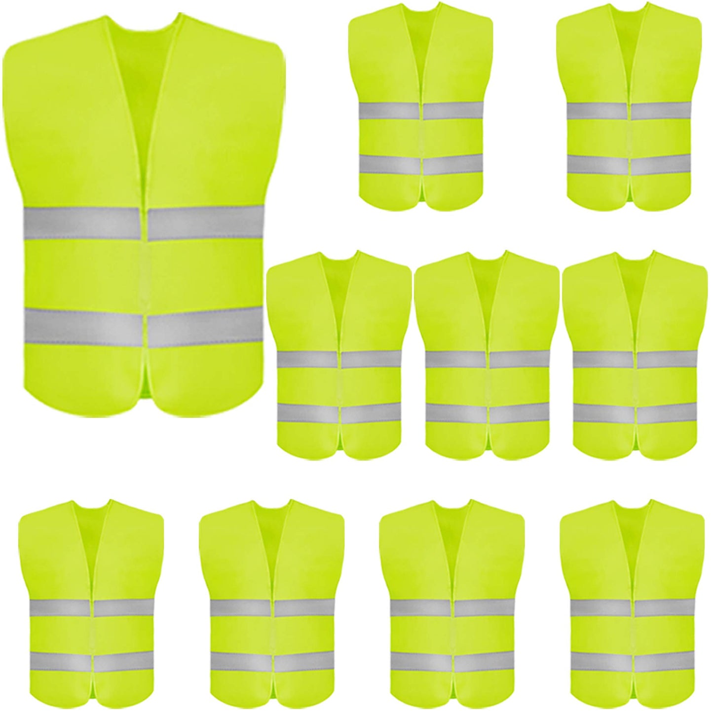 10 Pack High Visibility Safety Vest for Traffic Work, Running, Surveyor and Security Guard - Construction Vest with 2 Reflective Strips, Made from Breathable and Neon Yellow Mesh Fabric
