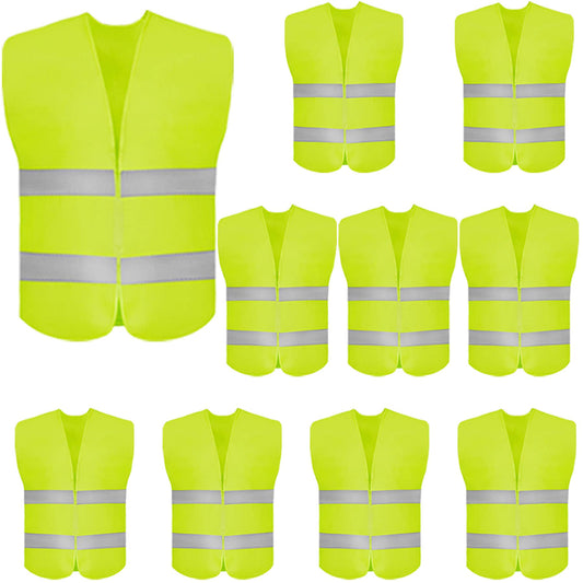 10 Pack High Visibility Safety Vest for Traffic Work, Running, Surveyor and Security Guard - Construction Vest with 2 Reflective Strips, Made from Breathable and Neon Yellow Mesh Fabric