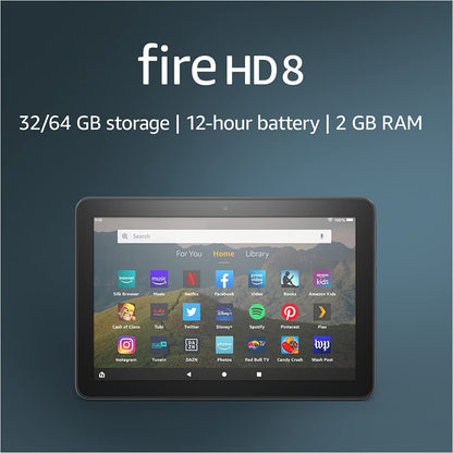 Fire HD 8 Essentials Bundle including Fire HD 8 Tablet (Black, 32GB), Lockscreen Ad-Supported, Amazon Standing Case (Charcoal Black), Nupro Clear Screen Protector, and 15W fast charger