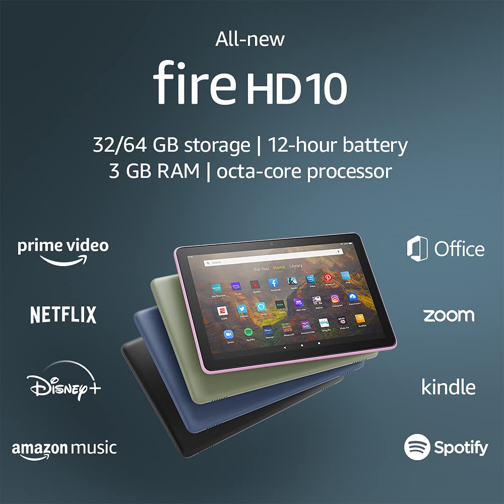 All-new Fire HD 10 tablet, 64 GB, Olive + Bluetooth keyboard + 12-month Microsoft 365 Personal subscription (auto-renews)