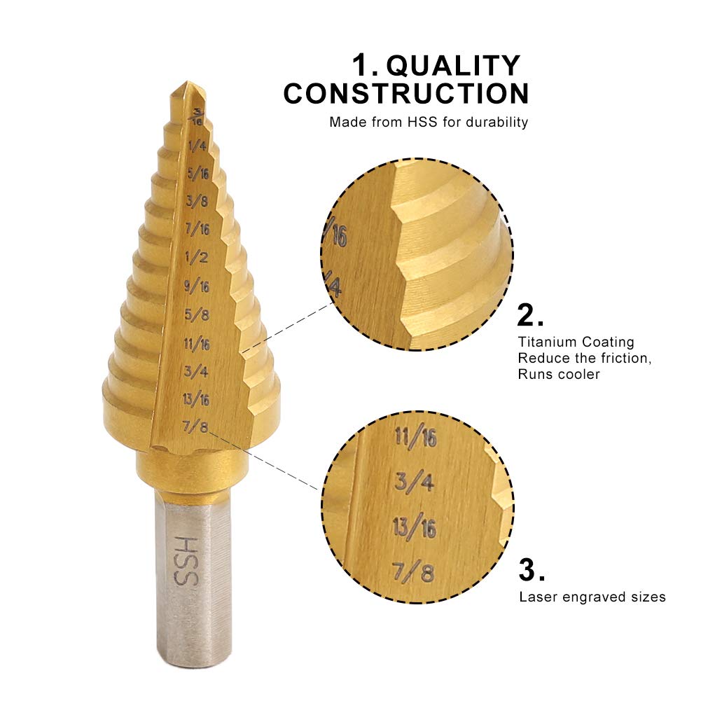 COMOWARE Step Drill Bit - Titanium Coated, Double Cutting Blades, High Speed Steel, Short Length Drill Bit, Total 10 Sizes
