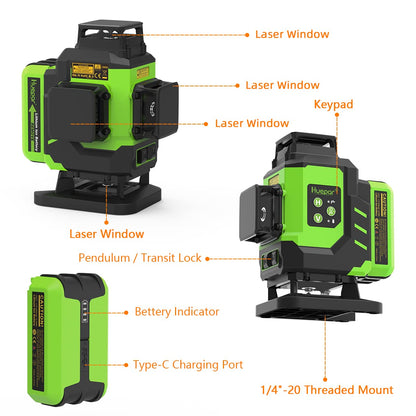 Huepar Multi-Line Laser Level-Four Vertical and One 360° Horizontal Lines with Plumb Dot, Green Cross Line Self-leveling Laser Tool -Rotating Base, Lifting Base, 2 Li-ion Battery&Hard Carry Case LS41G
