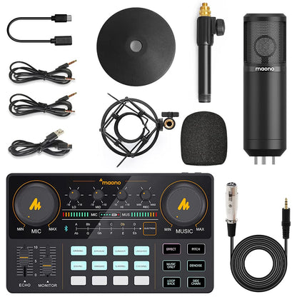 Audio Interface with DJ Mixer and Sound Card, Maonocaster Lite Portable ALL-IN-ONE Podcast Production Studio with 25mm Large Diaphragm Microphone for Live Streaming, PC, Recording(AU-AM200-S4)