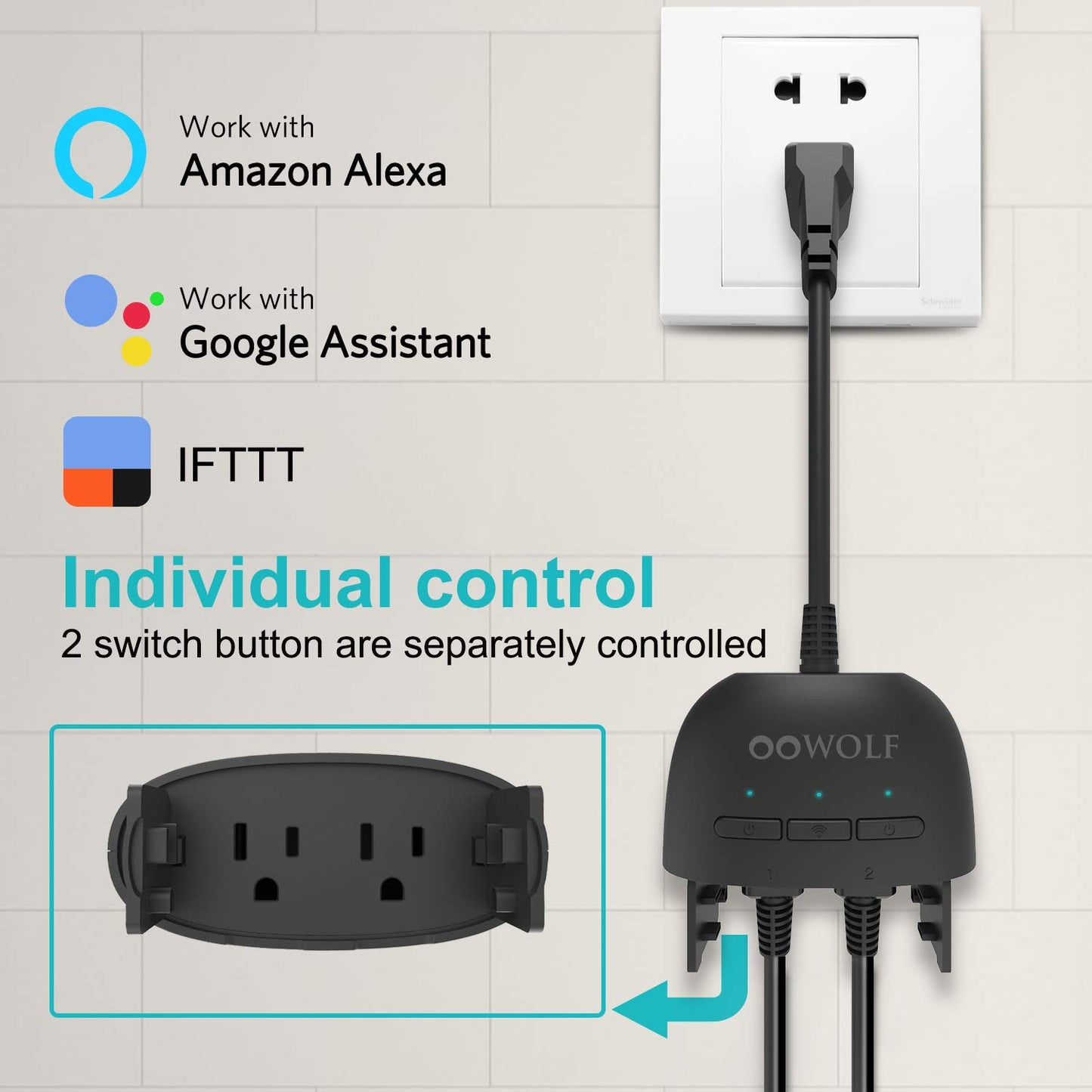 OOWOLF Outdoor Smart Plug with 2 Sockets, IP64 Waterproof WiFi Outlet Compatible with Alexa and Google Home, Wireless Remote Control/Timer by Smart Phone, Individual Control, 2.4 GHz Network, Black