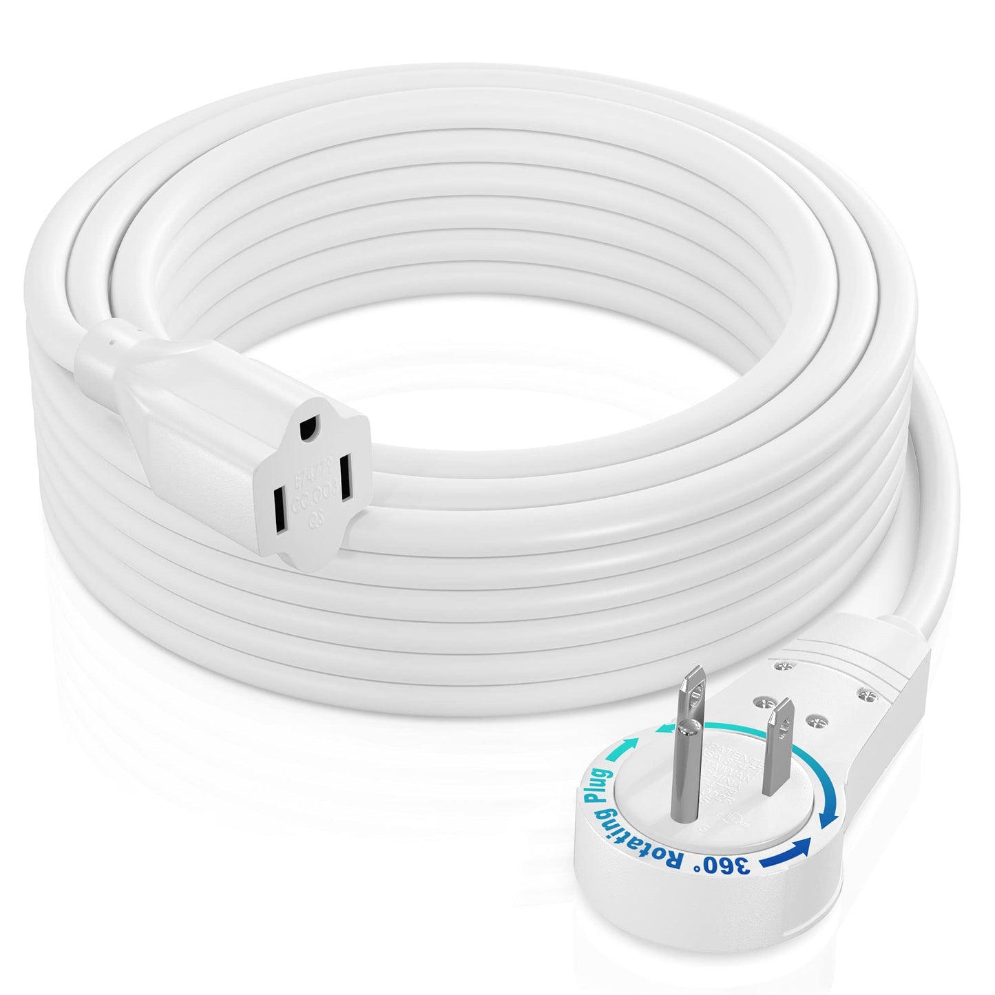 Maximm Extension Cord 25 Ft White Flat Plug, 360° Rotating Short Power Cord Single Outlet, Indoor 16 Gauge 3 Prong Grounded Wire UL Listed (25Ft White)