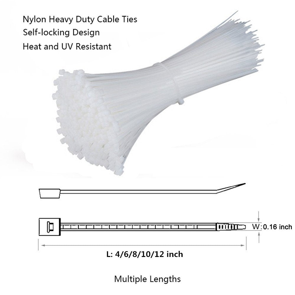 NewMainOne Self Locking Nylon Cable Zip Ties,4 6 8 10 12 Inches,Width 0.16inch,500Pcs HeavyDuty Wire Tie Wraps for Home,Office,Garden,Garage,Workshop (White)
