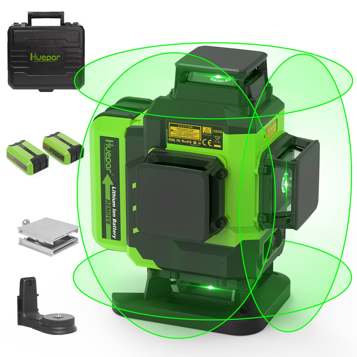 Huepar Multi-Line Laser Level-Four Vertical and One 360° Horizontal Lines with Plumb Dot, Green Cross Line Self-leveling Laser Tool -Rotating Base, Lifting Base, 2 Li-ion Battery&Hard Carry Case LS41G