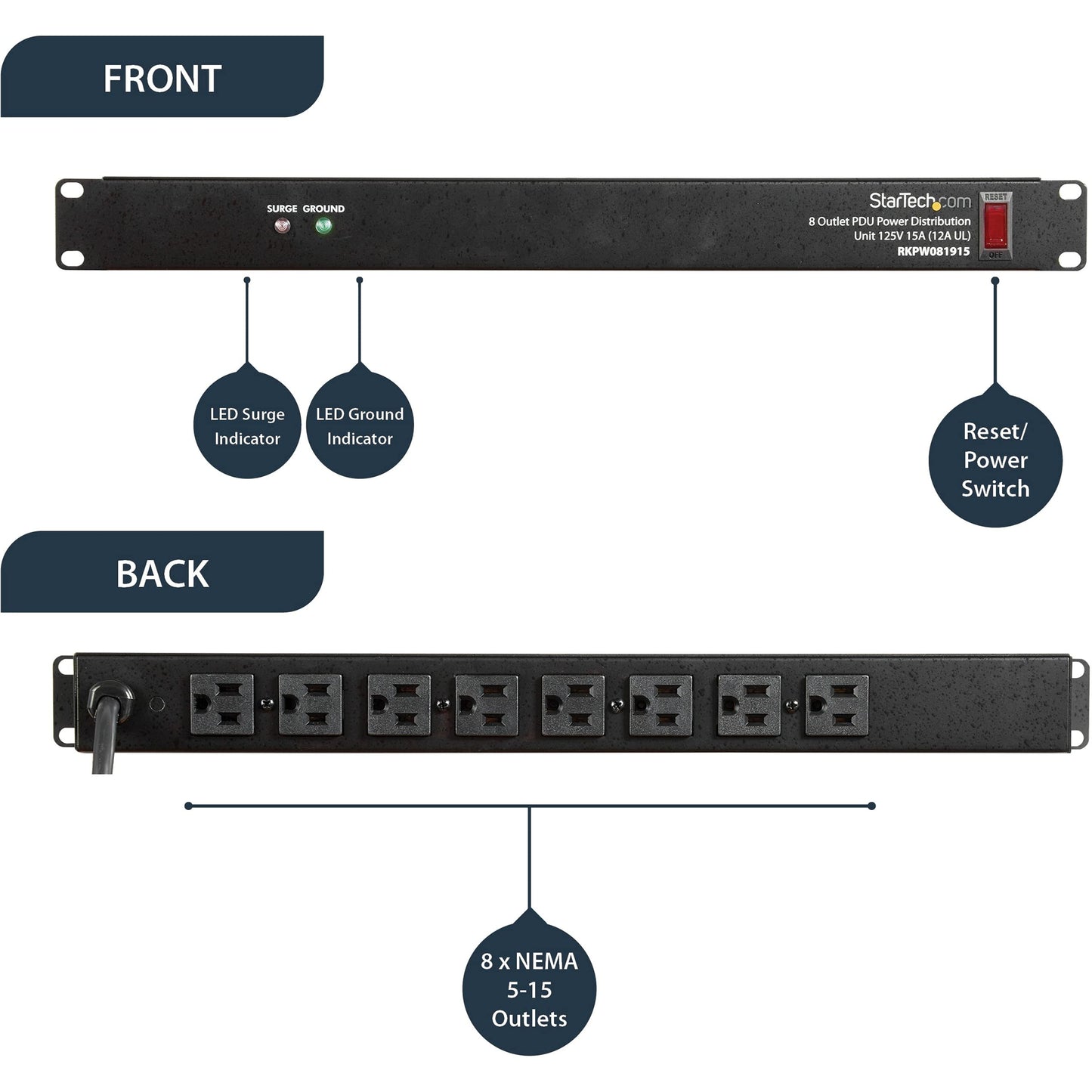 StarTech.com 8 Outlet Horizontal 1U Rack Mount PDU Power Strip for Network Server Racks - Surge Protection - 120V/15A - with 6 Ft Power Cord (RKPW081915), Black