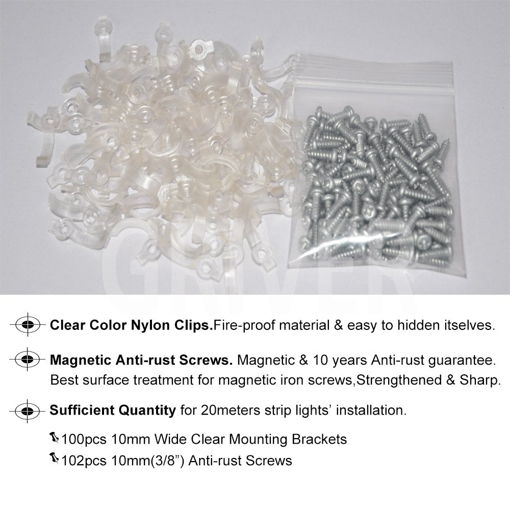 Griver 100 Pack Strip Light Mounting Brackets,Fixing Clips,One-Side Fixing,100 Screws Included (Combination Package)