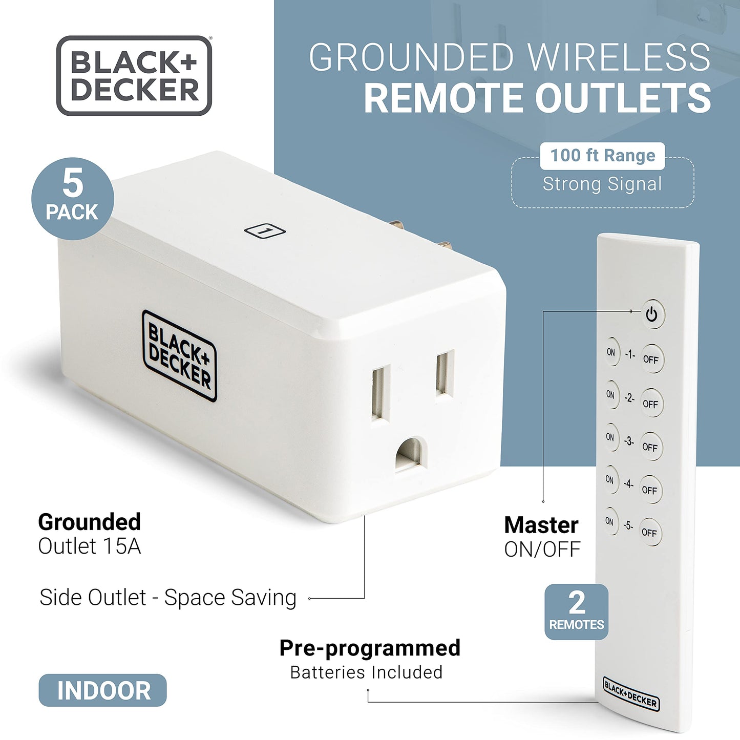 Black + Decker Wireless Remote-Control Outlet, Pack of 5 Outlets, 2 Remotes - Premium Light Switches