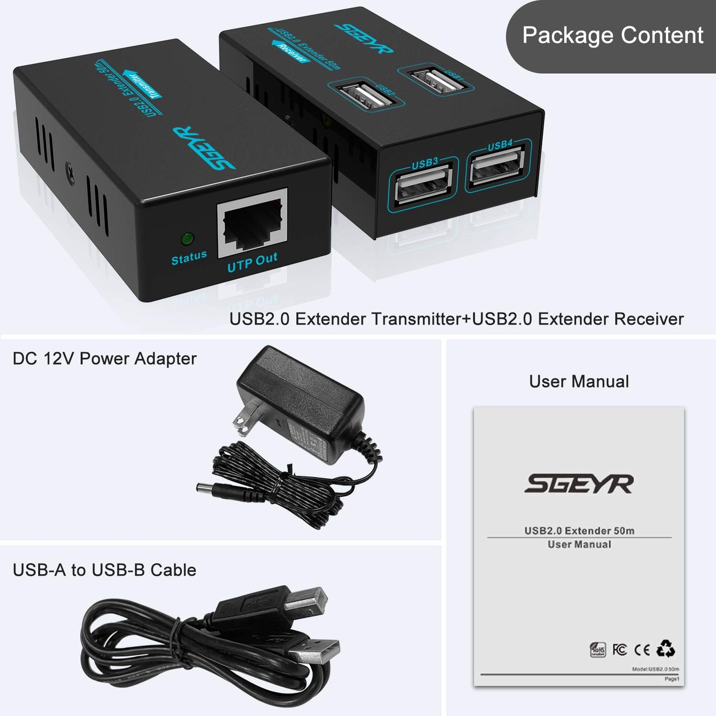 SGEYR Metal USB Ethernet Extender Over Cat5e/6,USB Extender 50M,No Drivers Connected 4 USB 2.0 Ports Over Cat5e/6, Play and Plug,Extender USB 2.0 Hub,Supports All Operating System,PC and Web Cameras