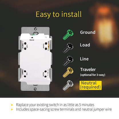 Z-Wave Dimmer Switch in Wall Light Switch, Neutral Required, Support 3-Way Installation Works with Smartthings, Wink, Signal Repeater, Z-Wave Hub Required, White(MS11Z)