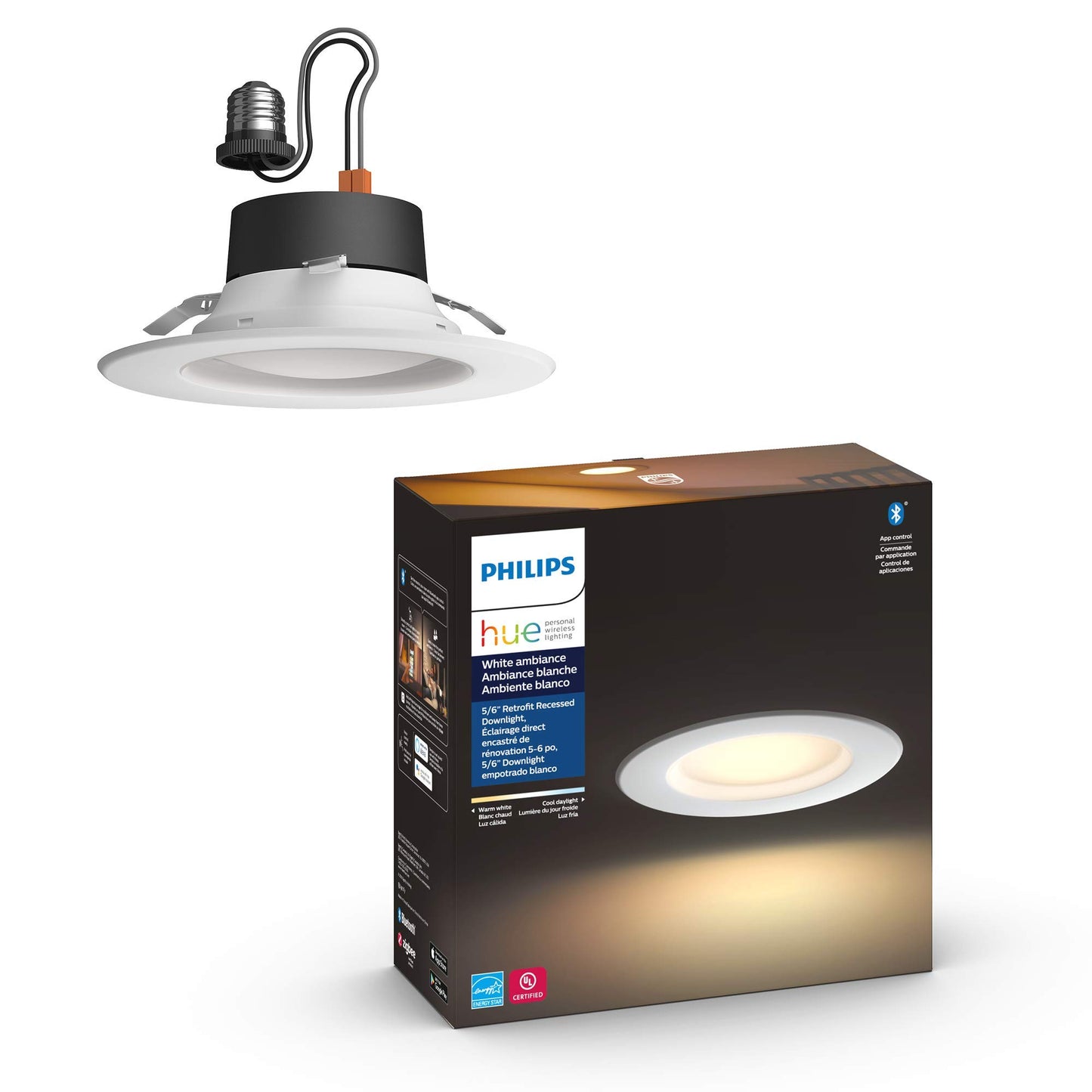 Philips Hue White Ambiance LED Smart Retrofit 4-inch Recessed Downlight, Bluetooth & Zigbee compatible, Warm-to-cool white light (Hue Hub Optional)
