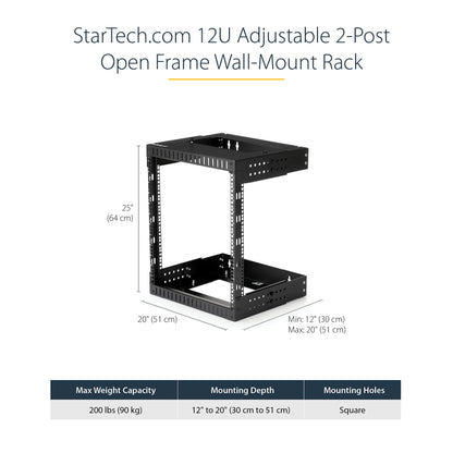 StarTech.com 12U 19" Wall Mount Network Rack - Adjustable Depth 12-20" 2 Post Open Frame Server Room Rack for AV/Data/ IT Communication/Computer Equipment/Switch w/Cage Nuts & Screws (RK12WALLOA)