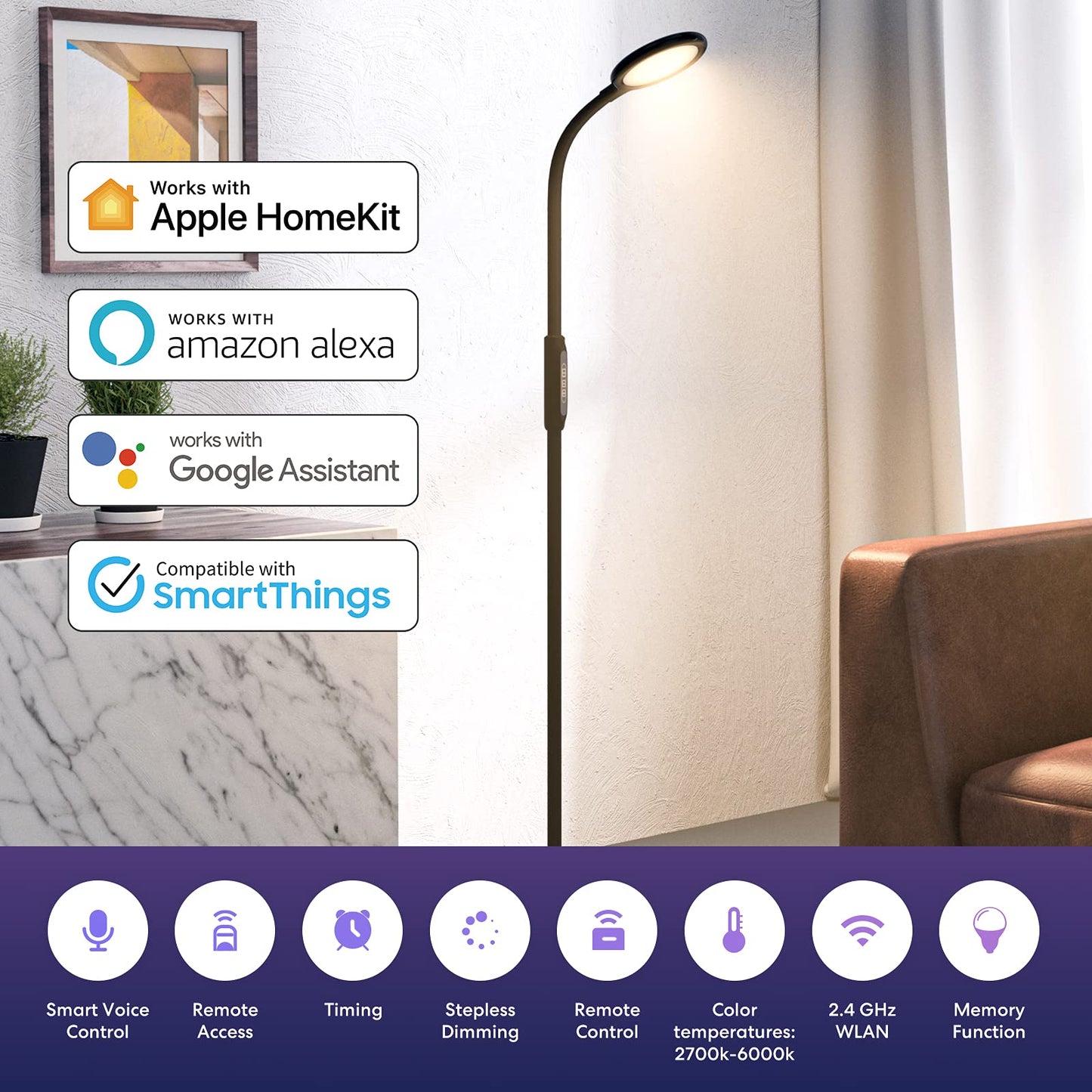 Meross Smart 3-in-1 Standing LED Floor Lamp - Dimmable, Tunable, Remote Voice & App Control Works w/ Alexa, Google Asst.& More for Indoor (White)