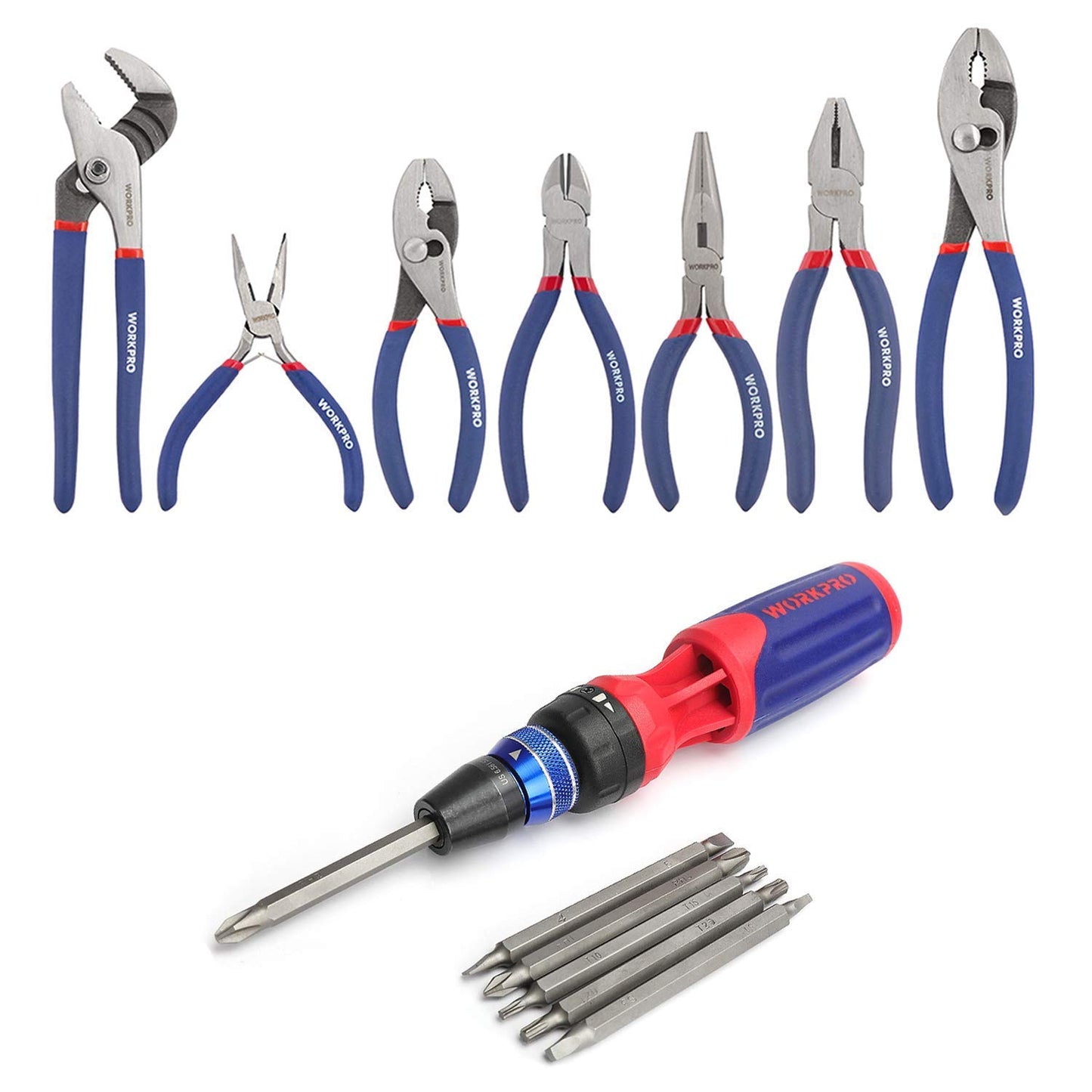 WORKPRO 12-in-1 Multi-Bit Ratcheting Screwdriver with Quick-load Mechanism and WORKPRO 7-piece Pliers Set for DIY & Home Use
