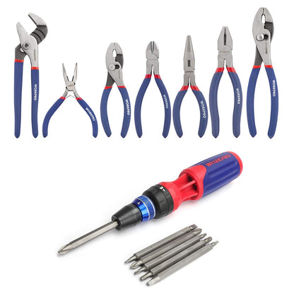 WORKPRO 12-in-1 Multi-Bit Ratcheting Screwdriver with Quick-load Mechanism and WORKPRO 7-piece Pliers Set for DIY & Home Use